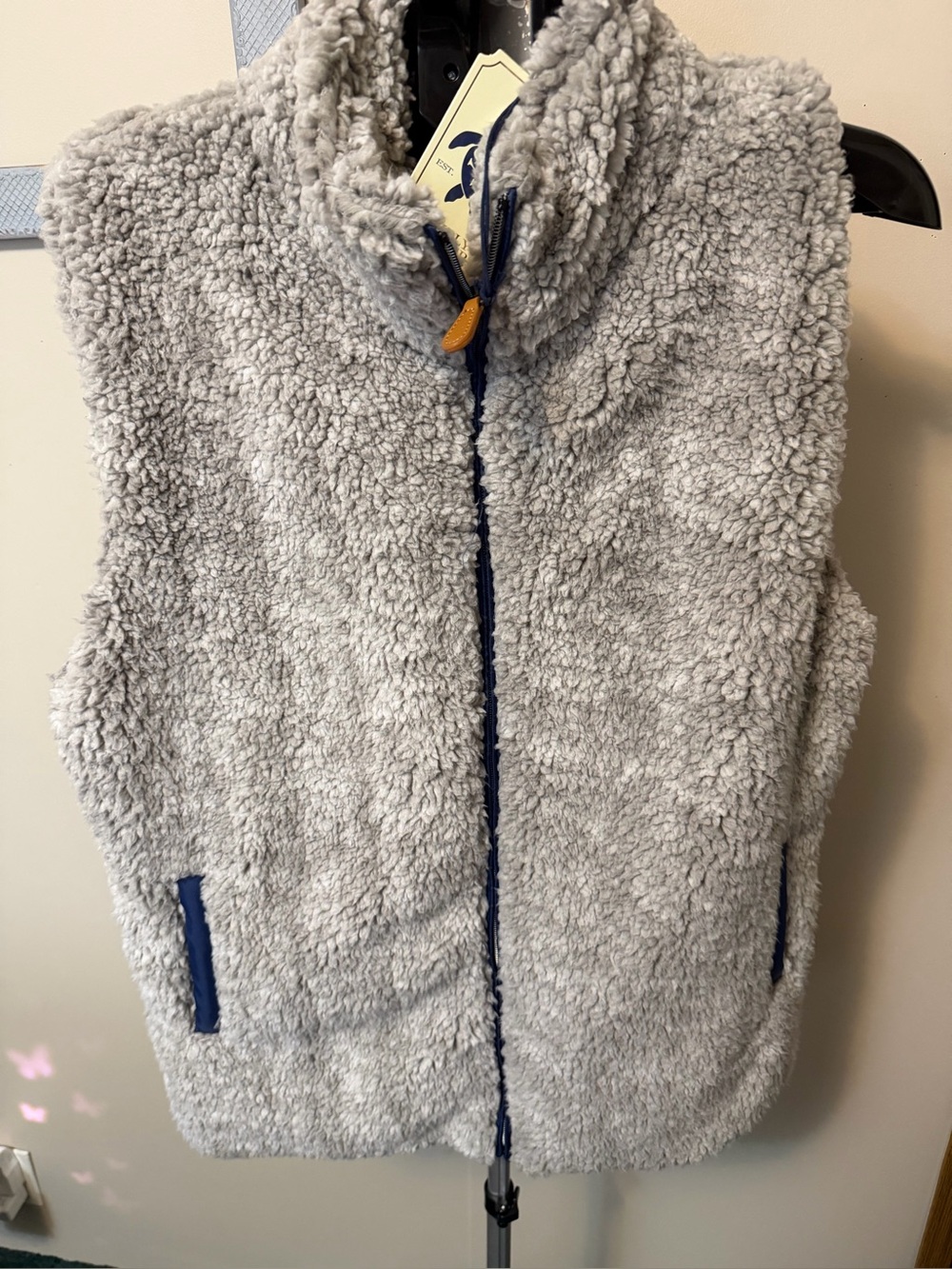 Simply Southern Gray Full Zip Sherpa Fleece Vest Navy Trim XXL